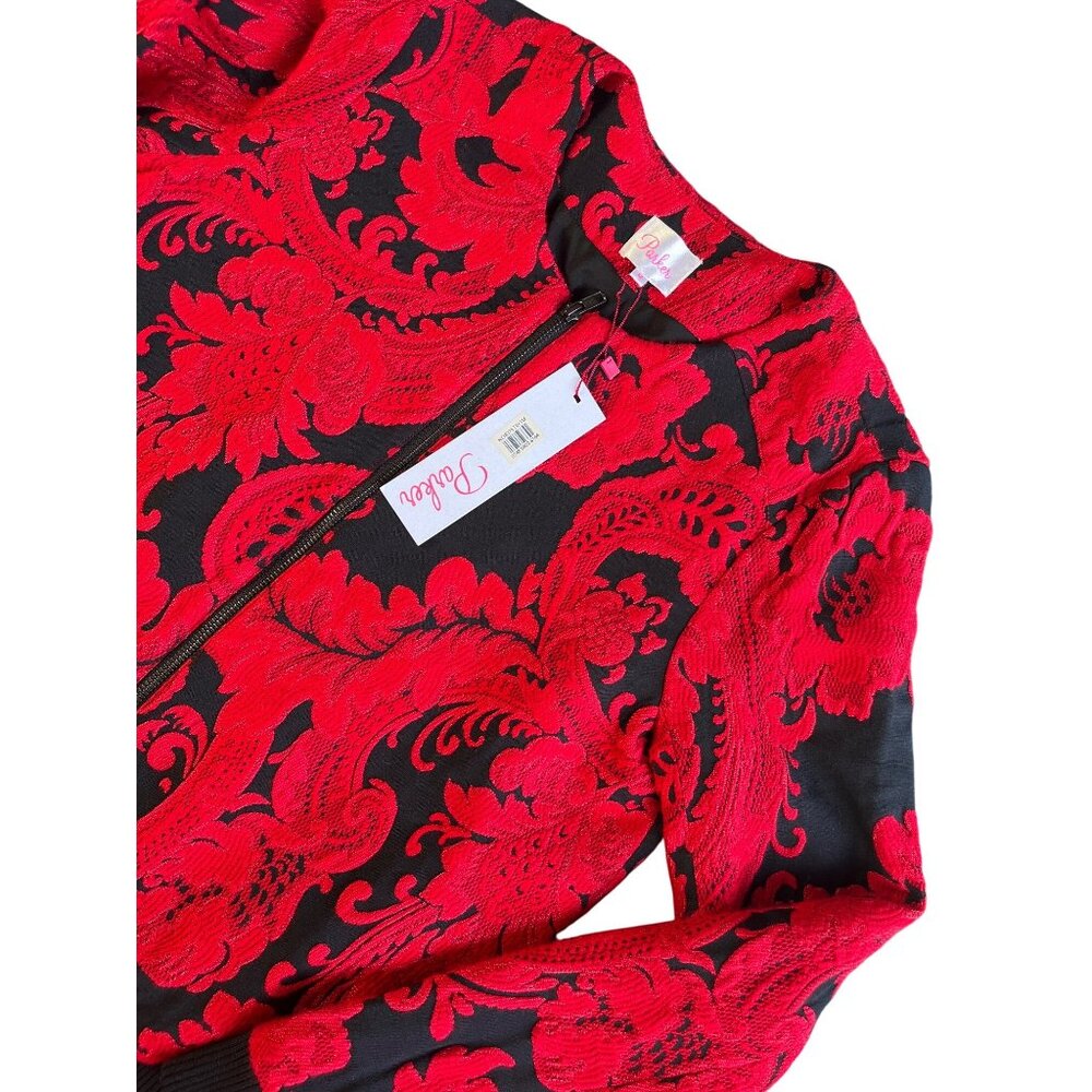 Parker Red & Black Floral Embroidered Zip-Up Jacket Womens Size M MSRP $352